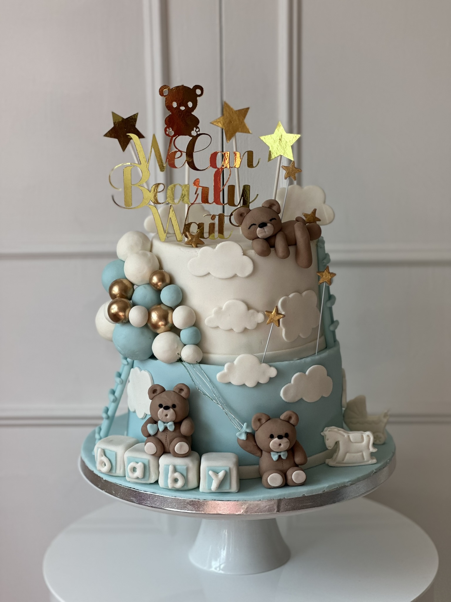 We Can Bearly Wait blue teddy bear baby shower cake