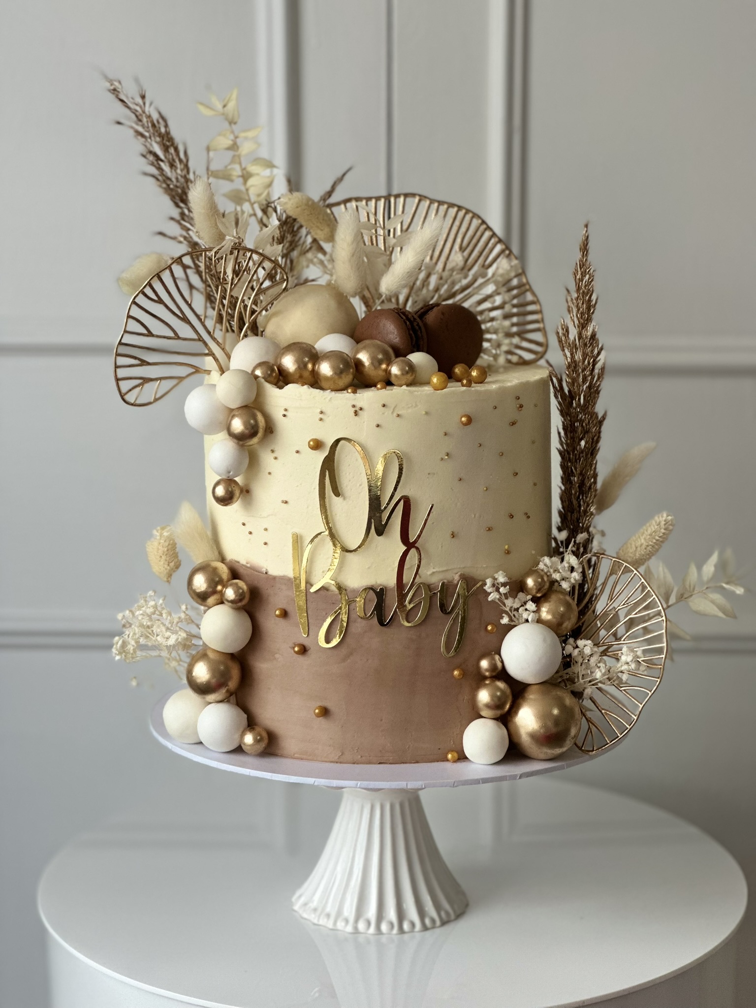 Oh Baby boho neutral baby shower cake