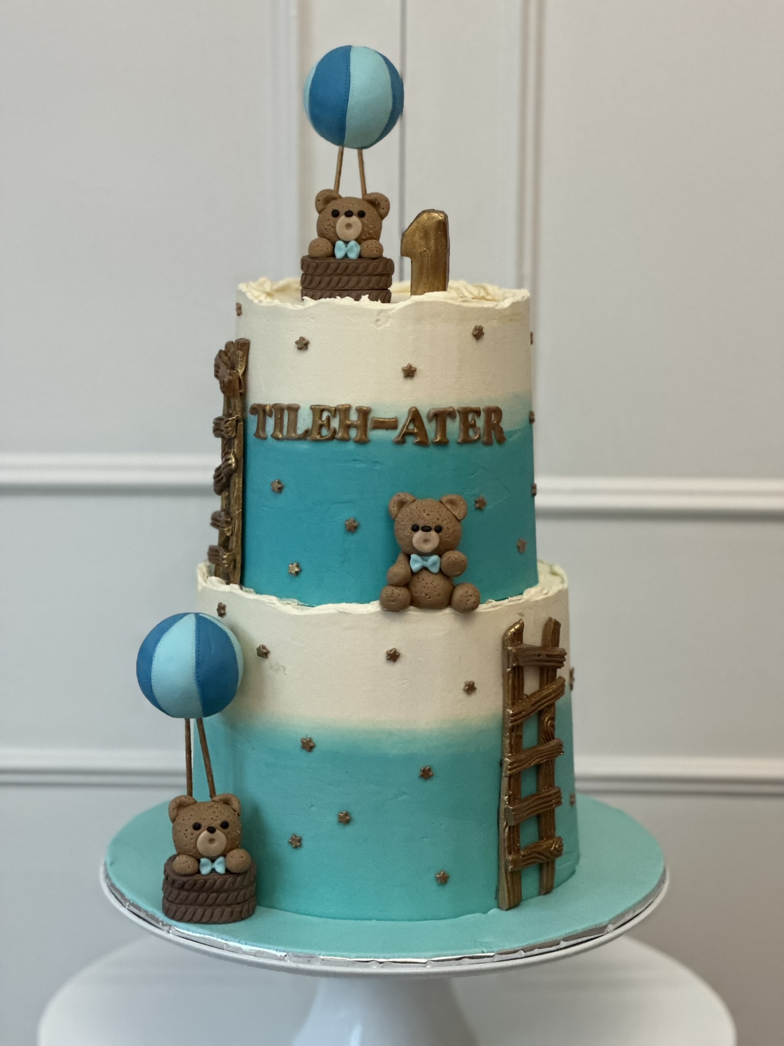 Tileh-Ater 1st birthday blue teddy bear cake