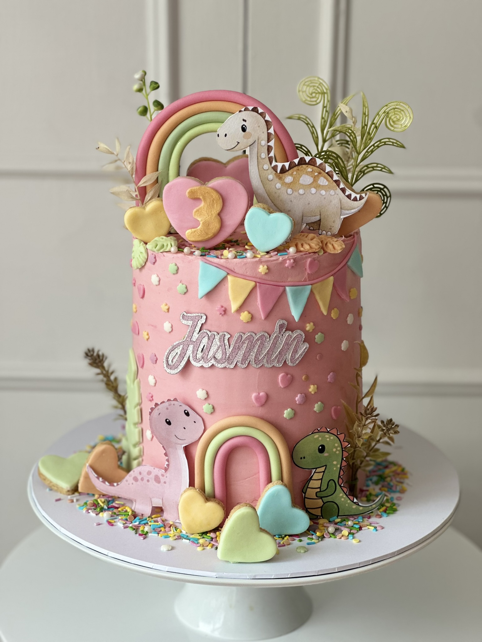 Jasmin 3rd birthday pink dinosaur rainbow cake