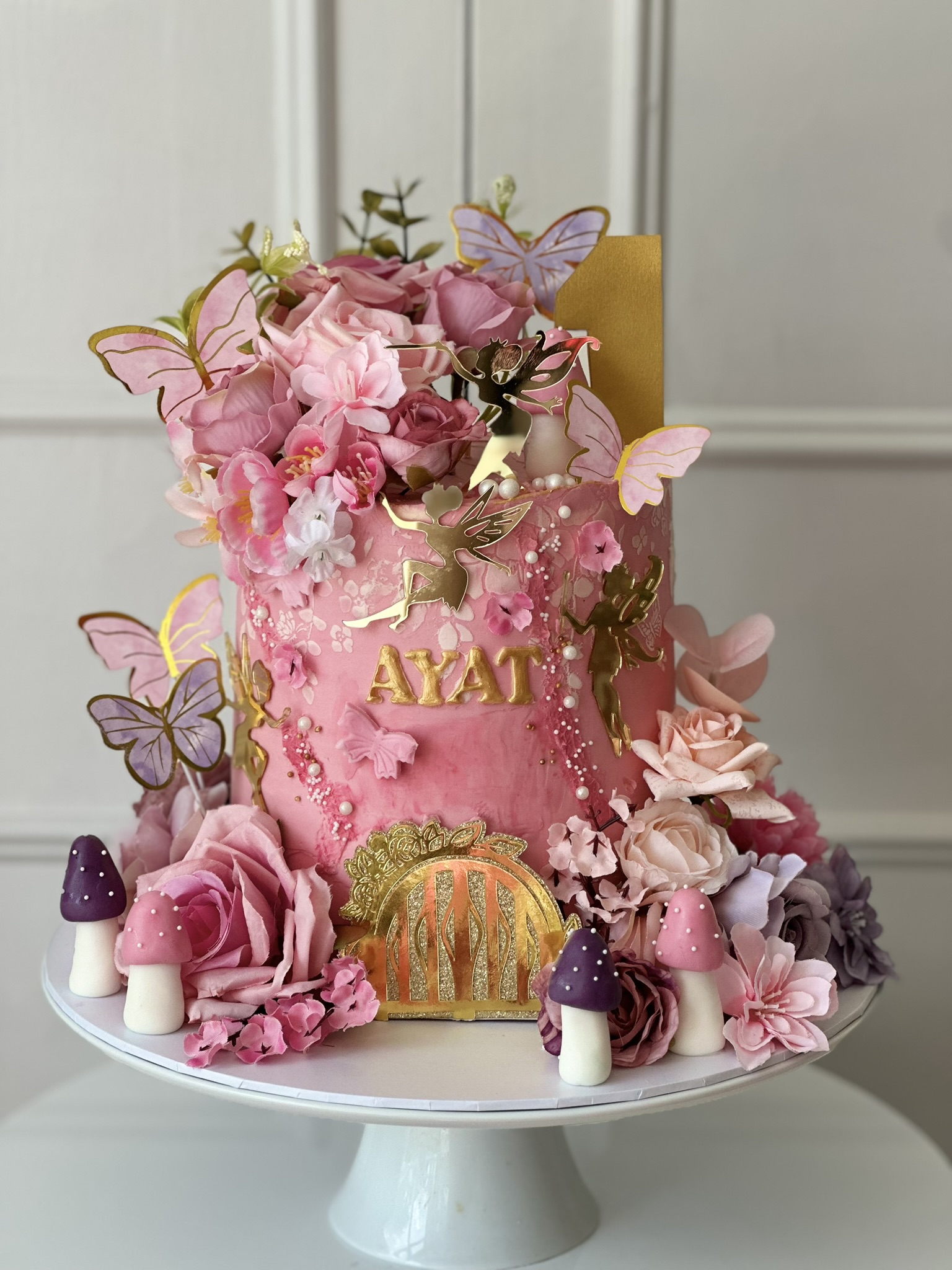 Ayat 1st birthday fairy garden pink cake
