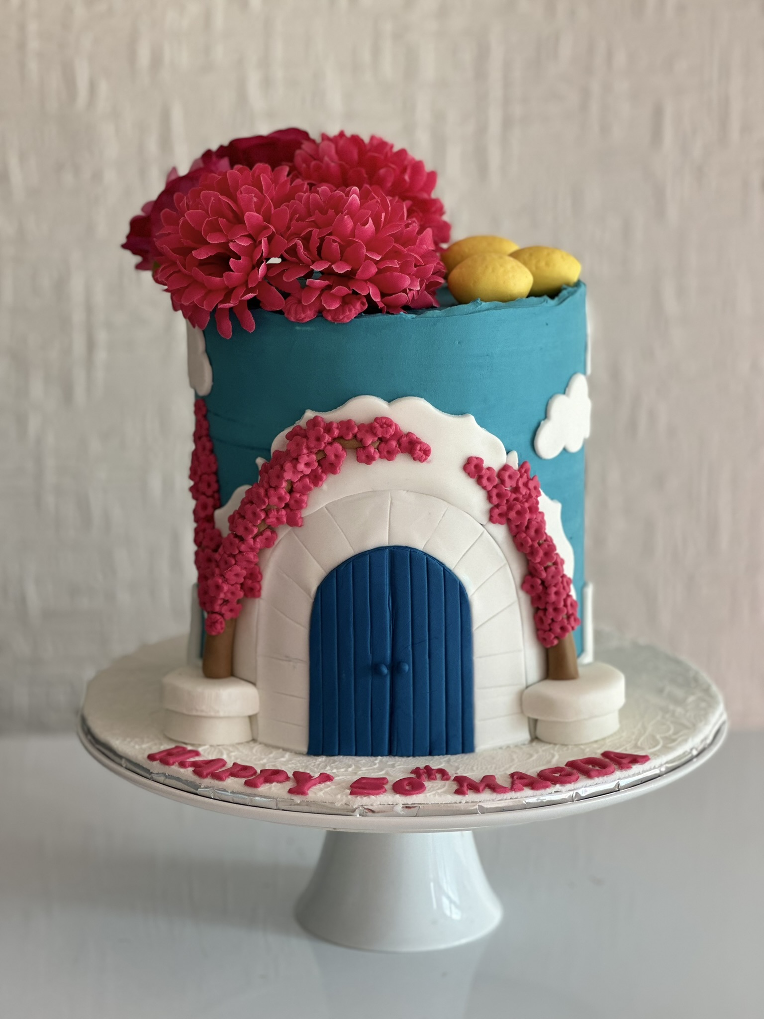 Happy 50th Birthday Maria Santorini themed cake