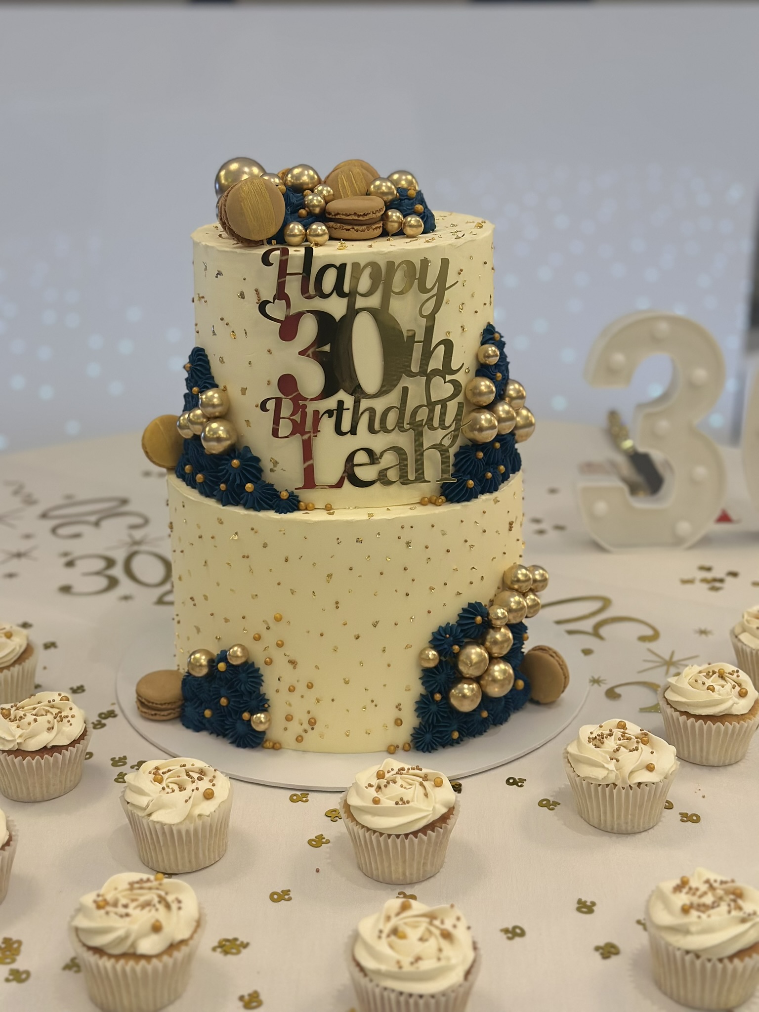 Happy 30th Birthday Leah 2 tier gold cake