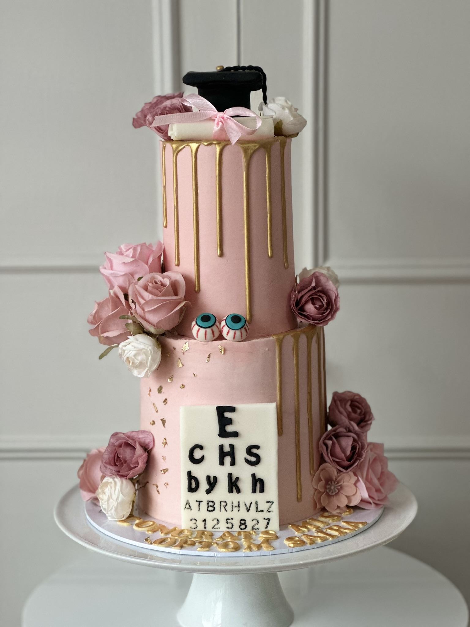 Optometry graduation pink cake with eye chart