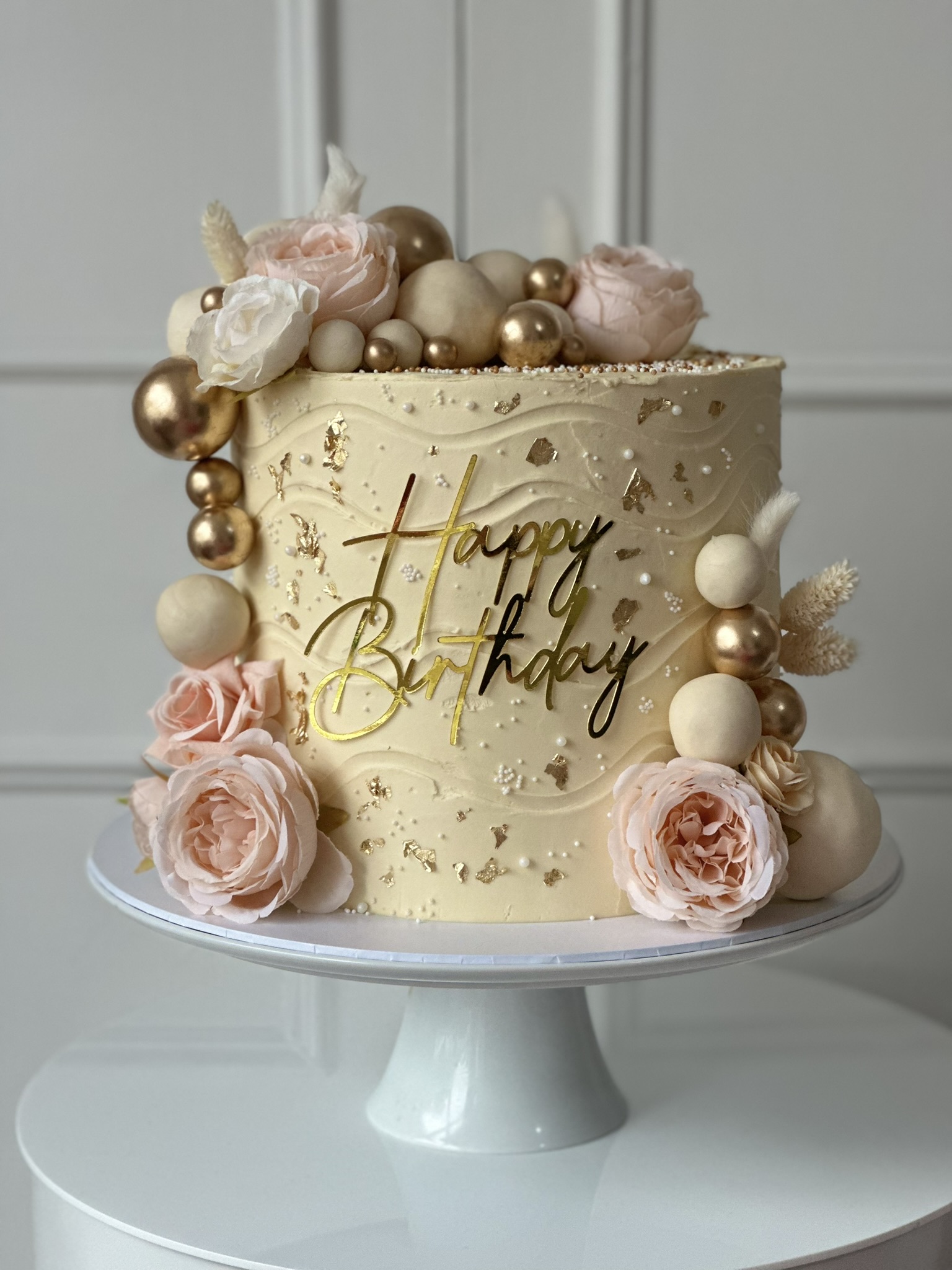 Happy Birthday gold and blush floral cake