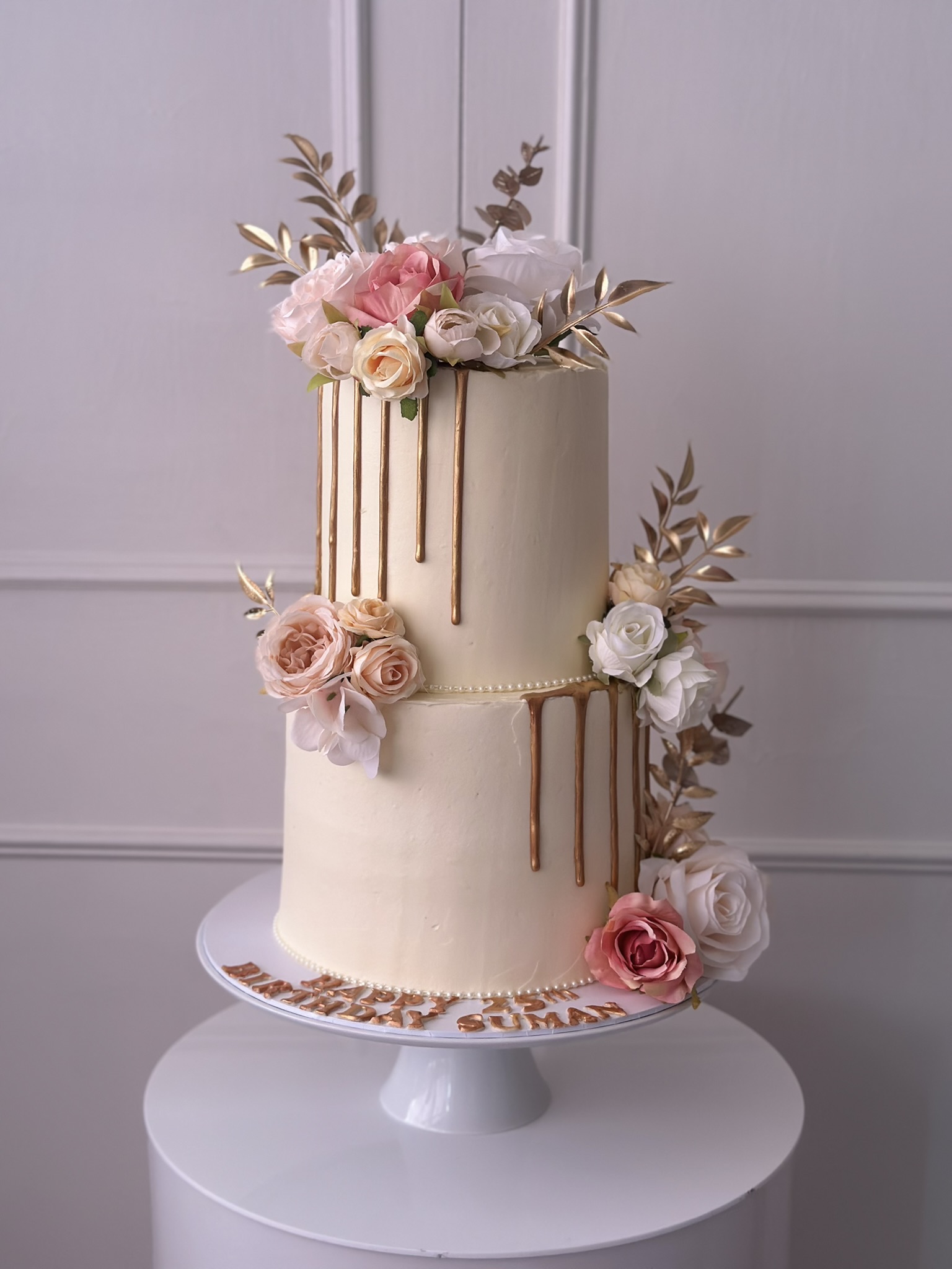 Happy Birthday Suman 2 tier gold drip floral cake