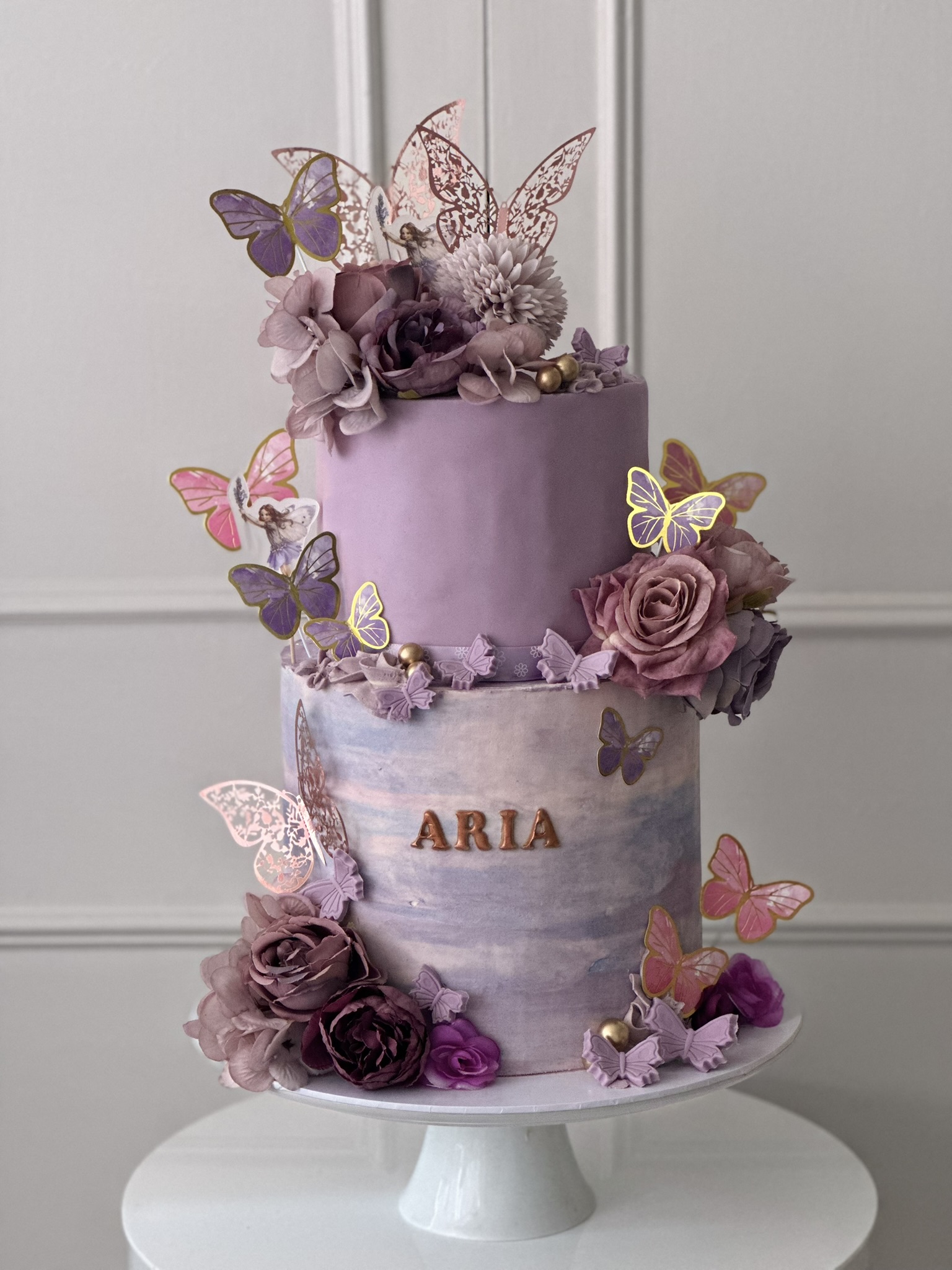 Aria purple butterfly 2 tier birthday cake