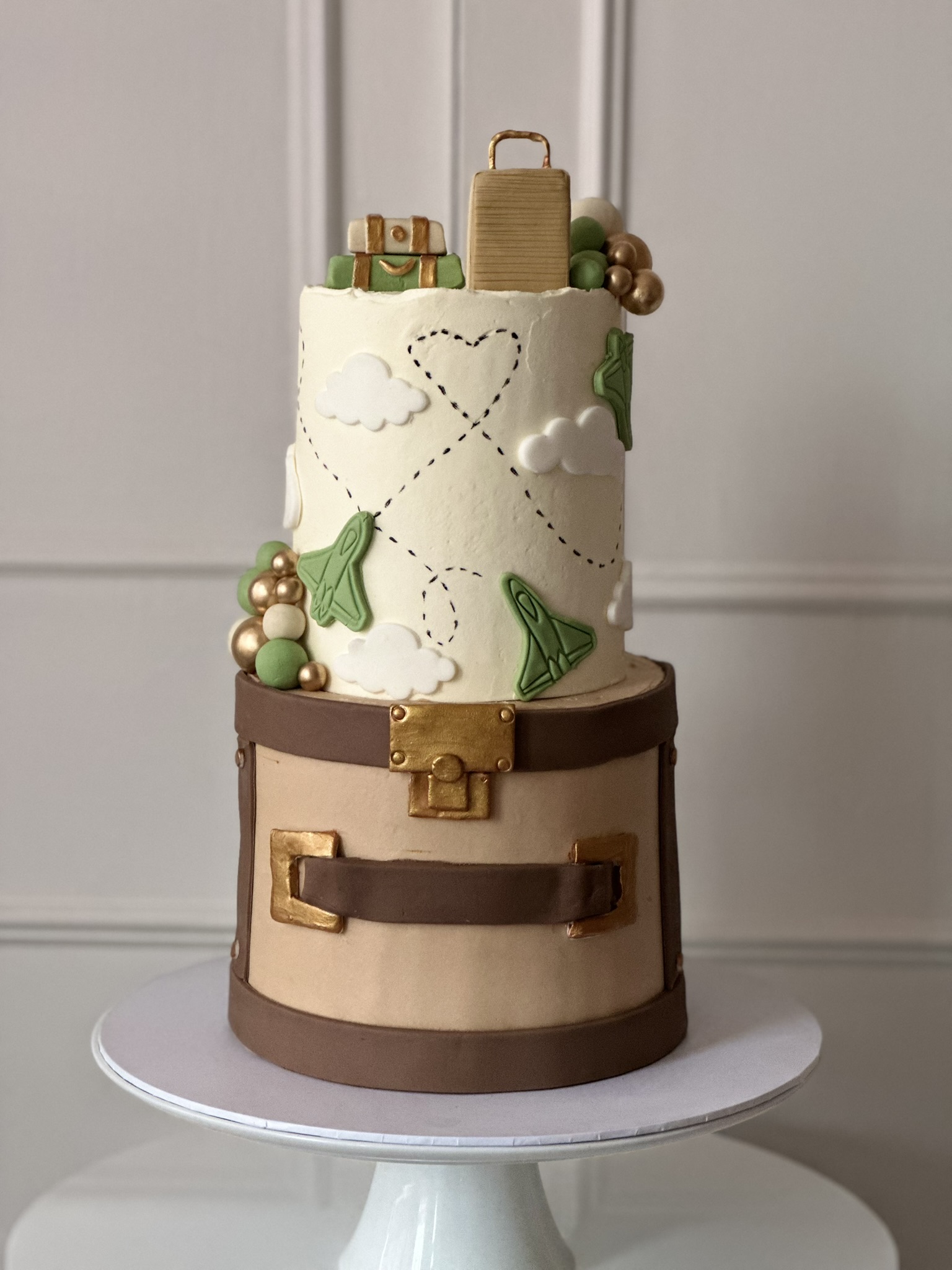 Travel suitcase and planes birthday cake