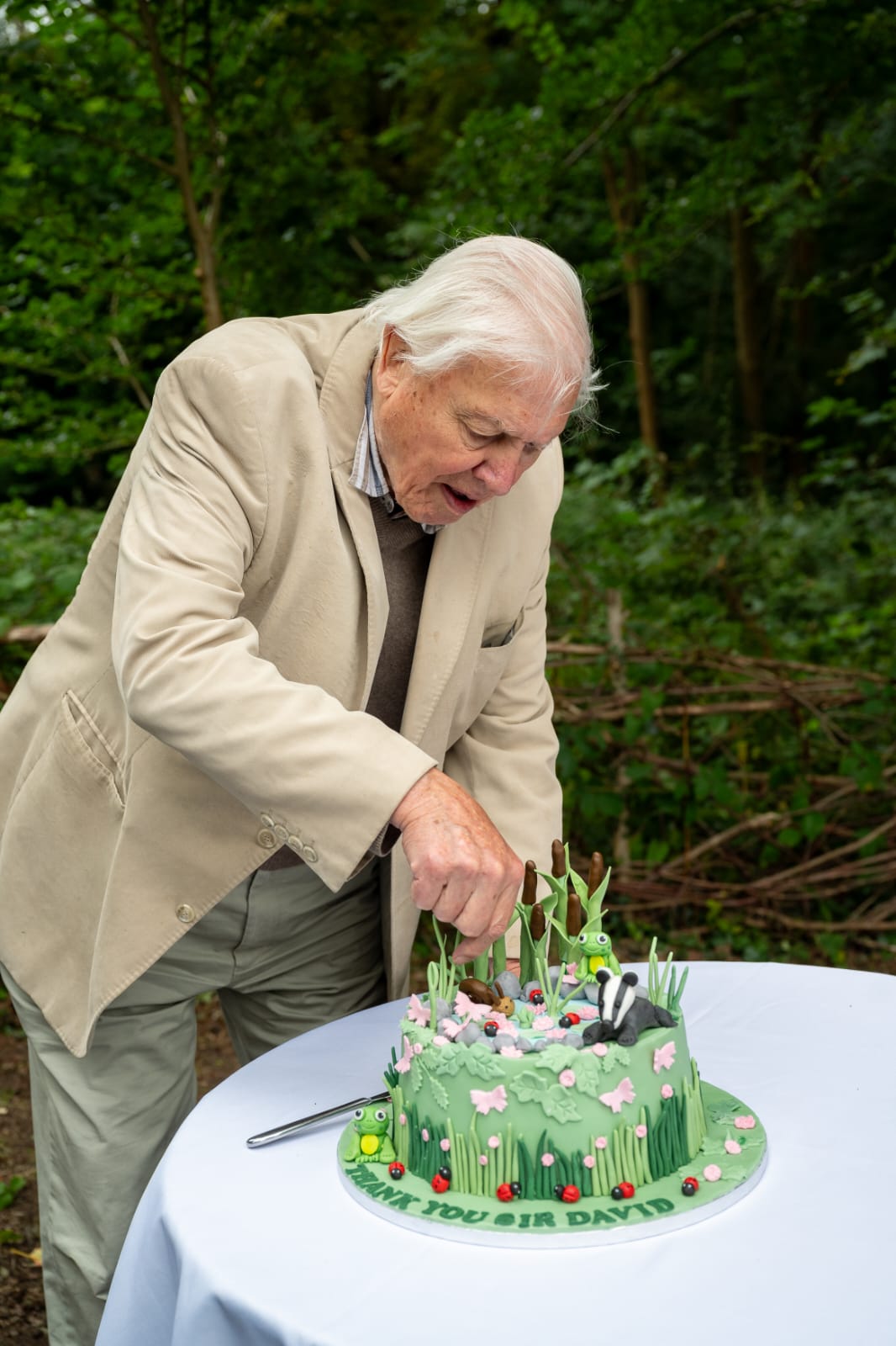 Sir David Attenborough cutting the Thank You cake
