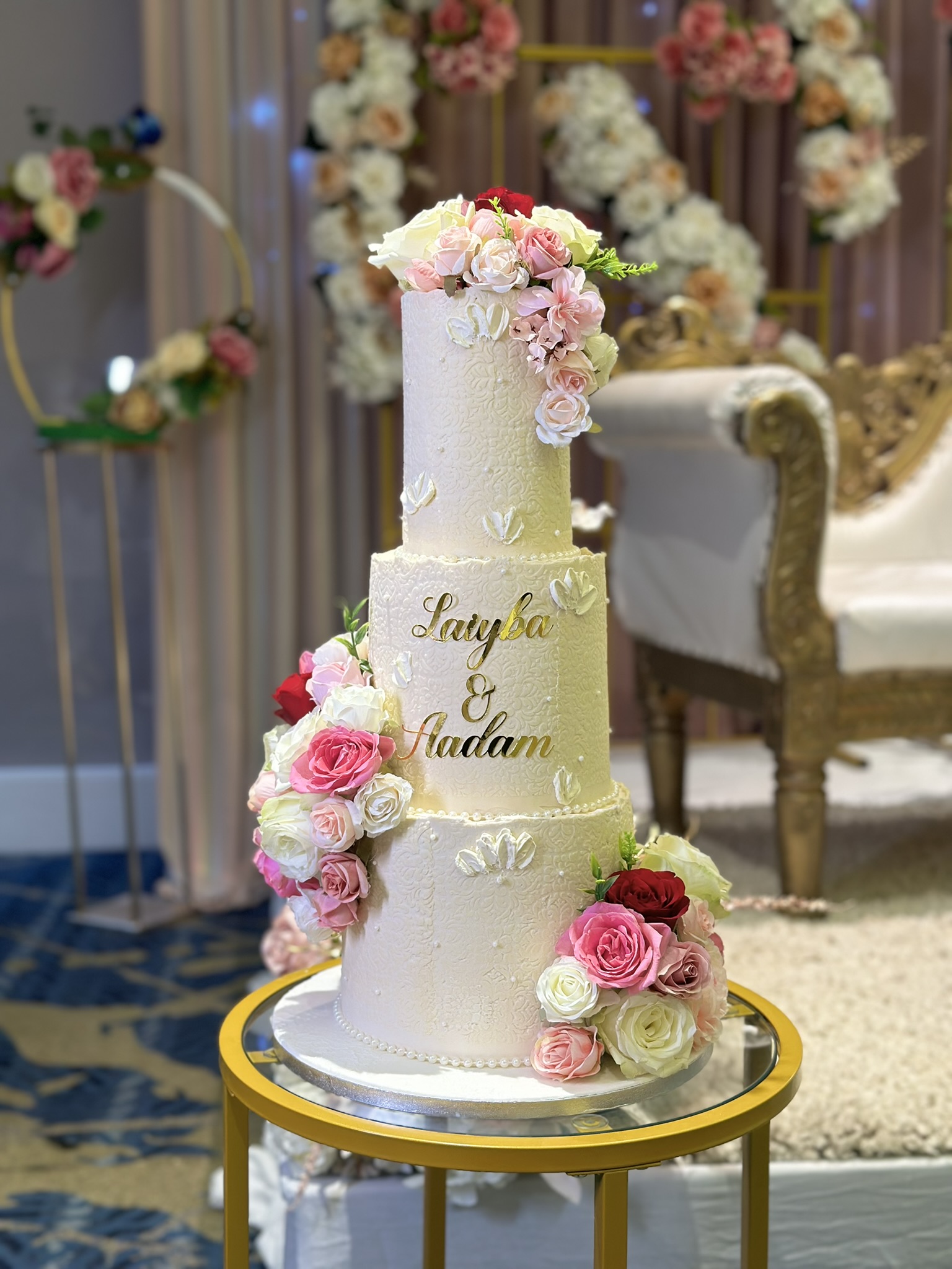 Latyba and Aadam 3 tier lace wedding cake with pink flowers